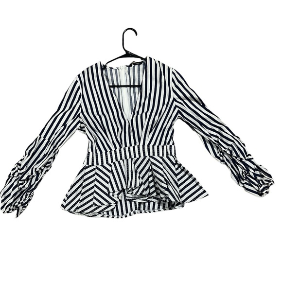 0116 Simplee stripe navy blue ruffle peplum top sz (M) - Picture 2 of 8